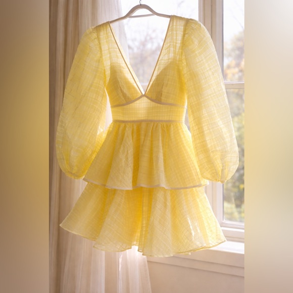 STAUD Yellow Sheer Organza Tiered Mini Dress Puff Sleeve V Neck Size 2 NWOT
